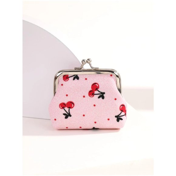 SPARKLY CARTOON CHERRY GRAPHIC KISS LOCK COIN PURSE PINK - Picture 3 of 5